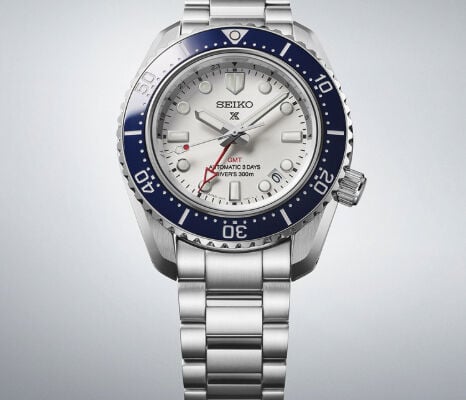 Seiko Prospex GMT diver&rsquo;s watch with white dial, blue bezel and red GMT hand, water resistant to 300m